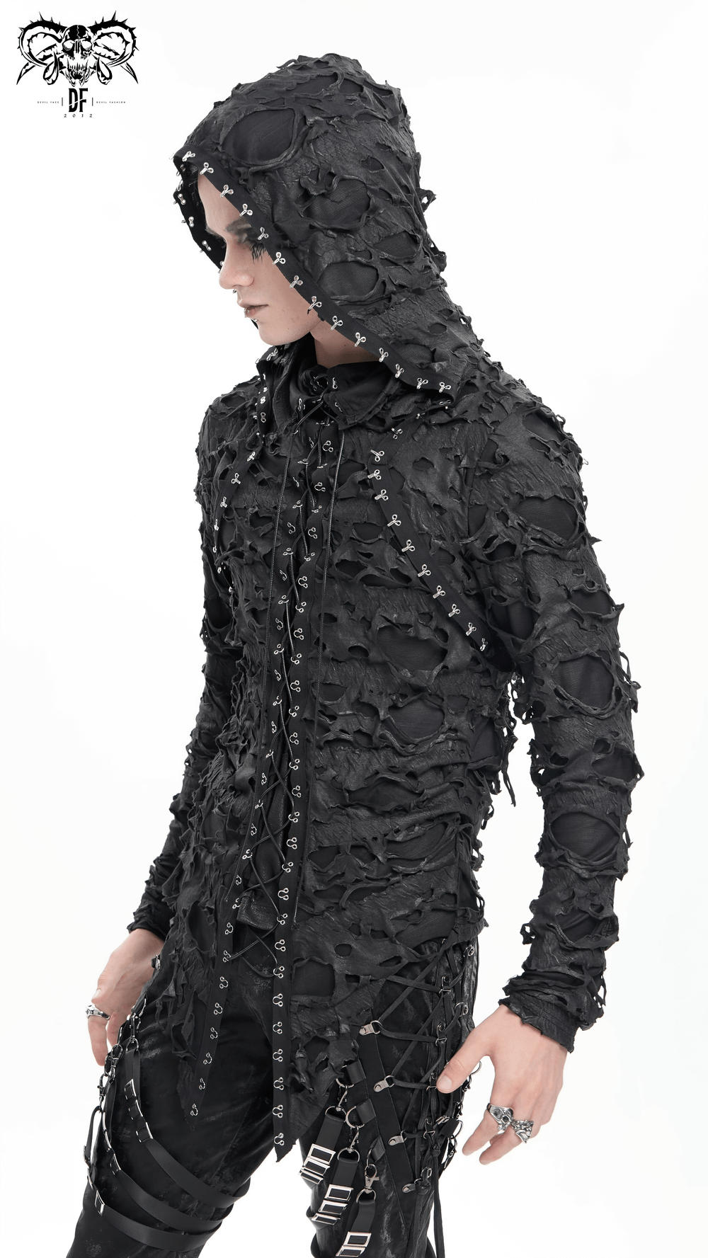 Shredded Gothic Hooded Hodie with Lace-Up Design