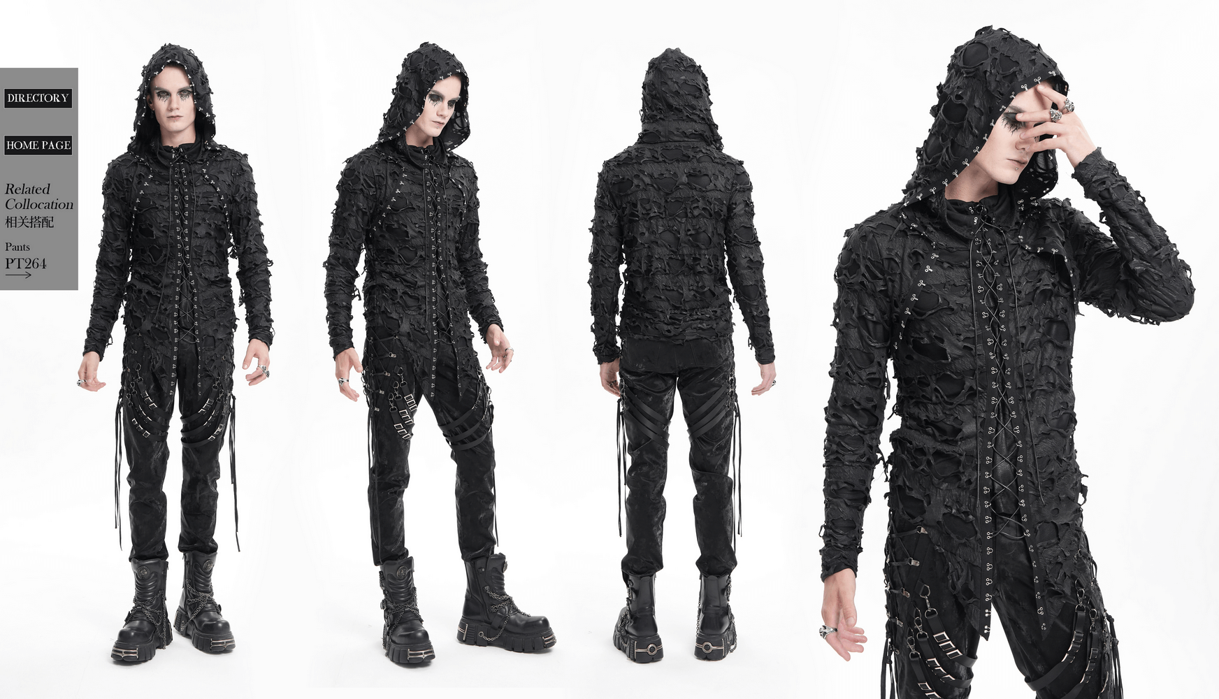 Shredded Gothic Hooded Hodie with Lace-Up Design