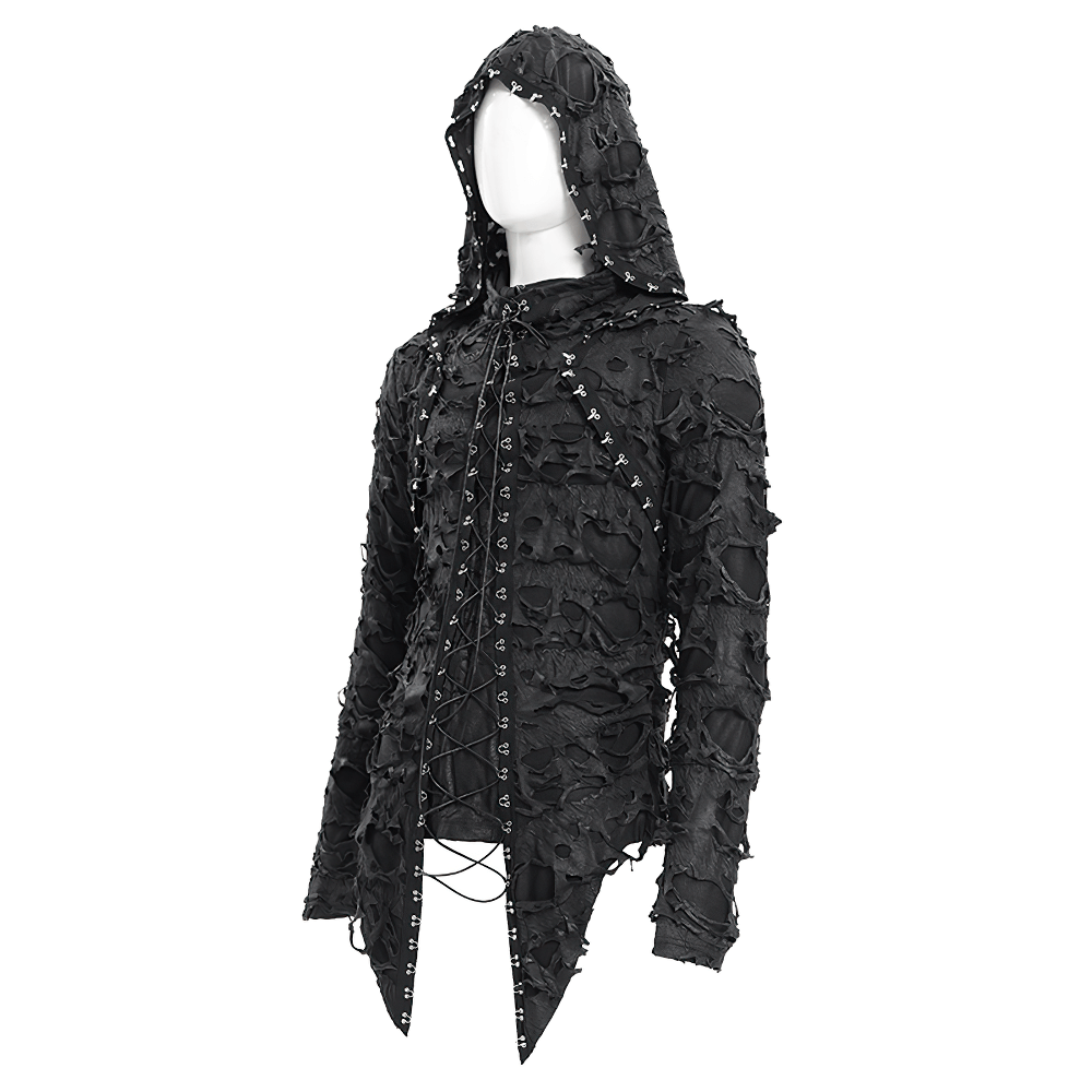 Shredded gothic hooded hoodie with lace-up design and skull-studded accents for alternative fashion lovers.