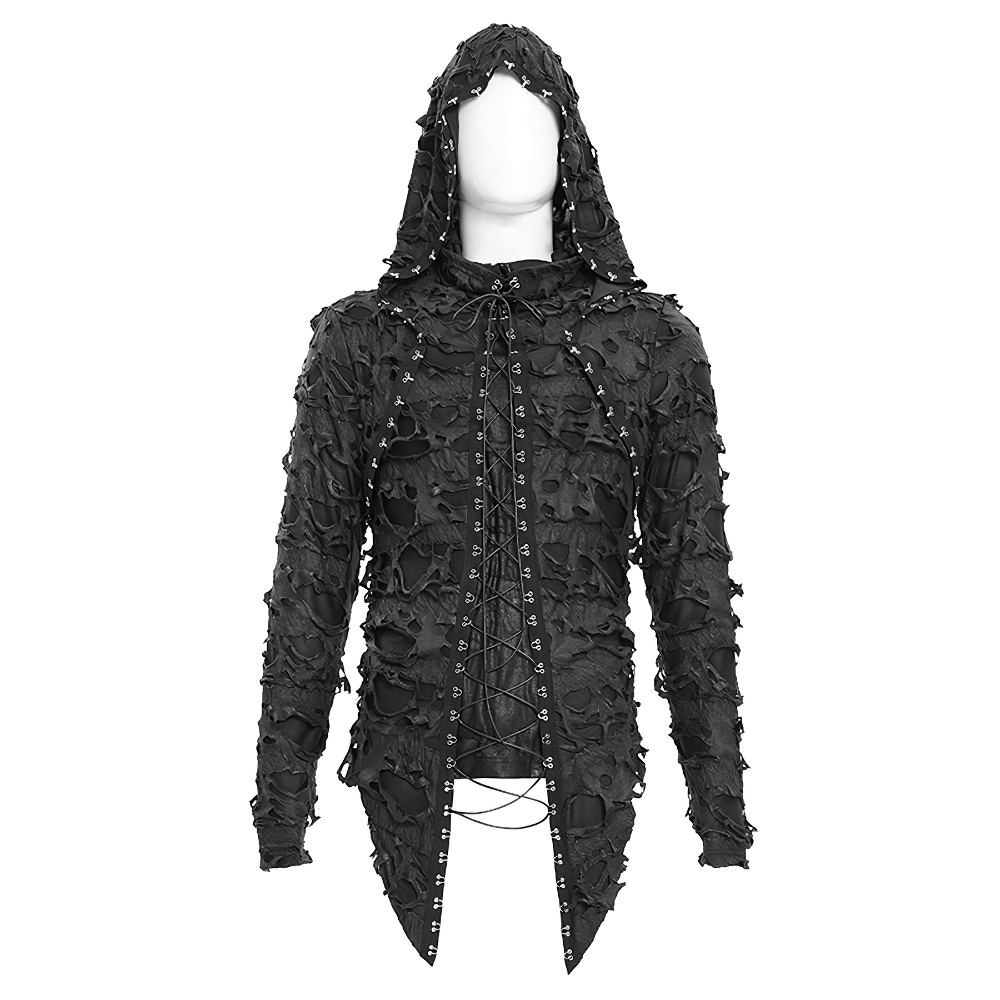 Shredded gothic hooded hoodie with lace-up design and skull accents for alternative fashion enthusiasts.