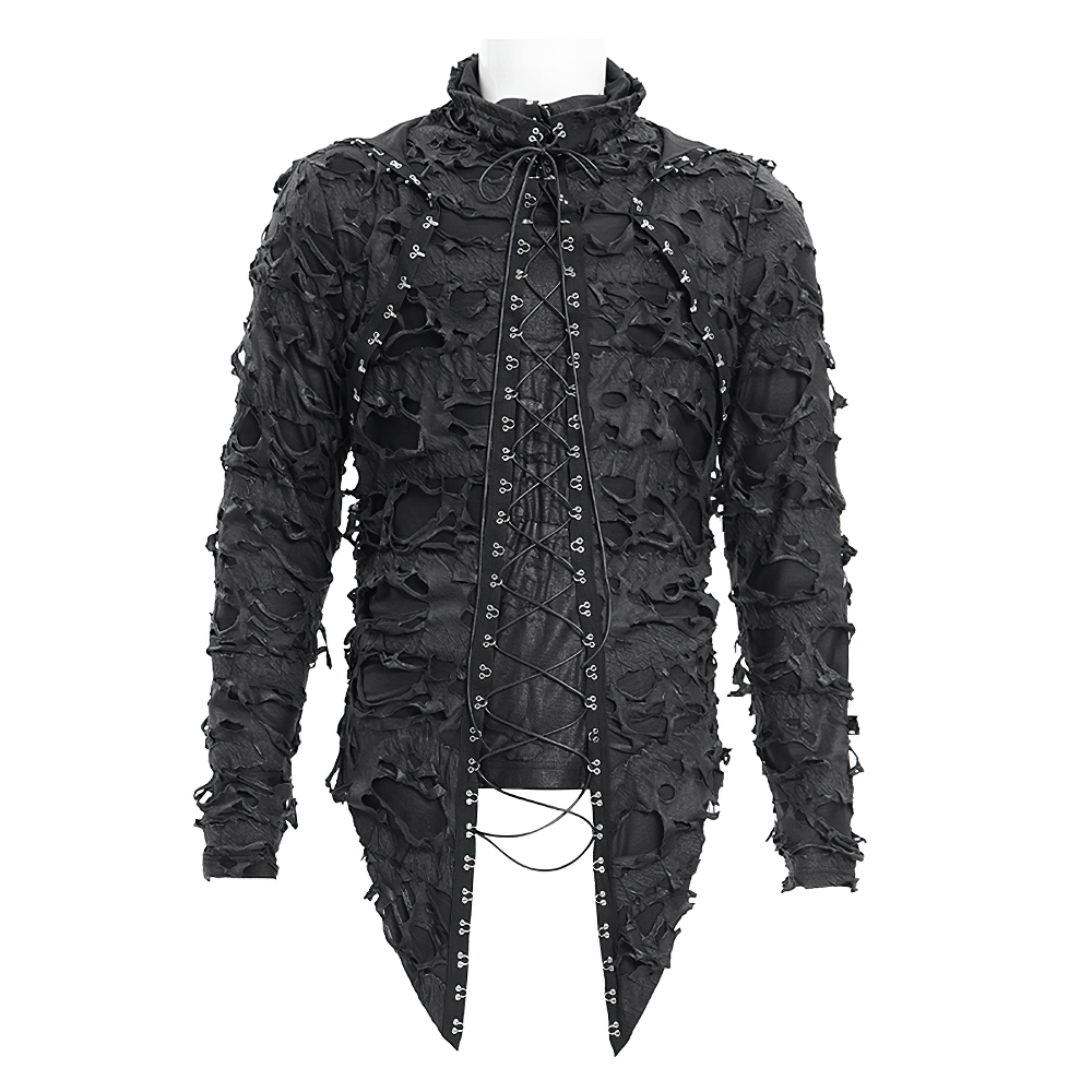 Shredded black gothic hoodie with lace-up front and skull accents, perfect for alternative fashion lovers.