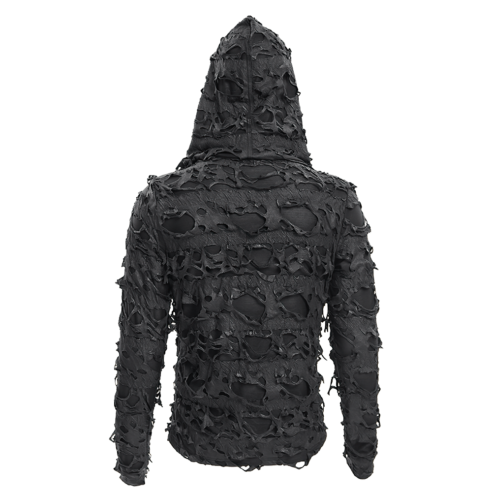 Shredded black gothic hoodie with lace-up design and skull accents from the back, perfect for dark aesthetic fashion.