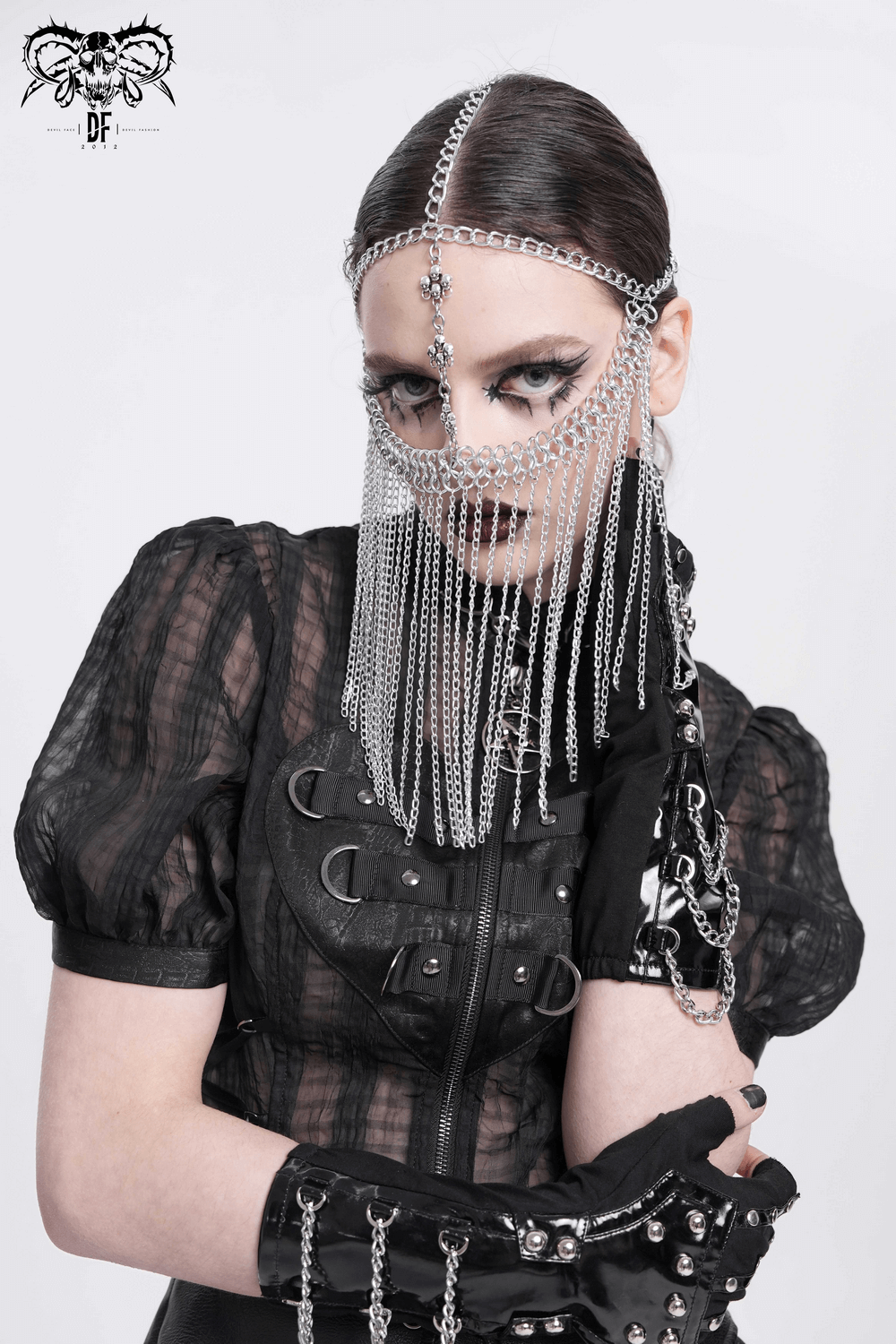 Punk silver chain headpiece with drape fringe veil and cross accents, perfect for gothic fashion and alternative events.