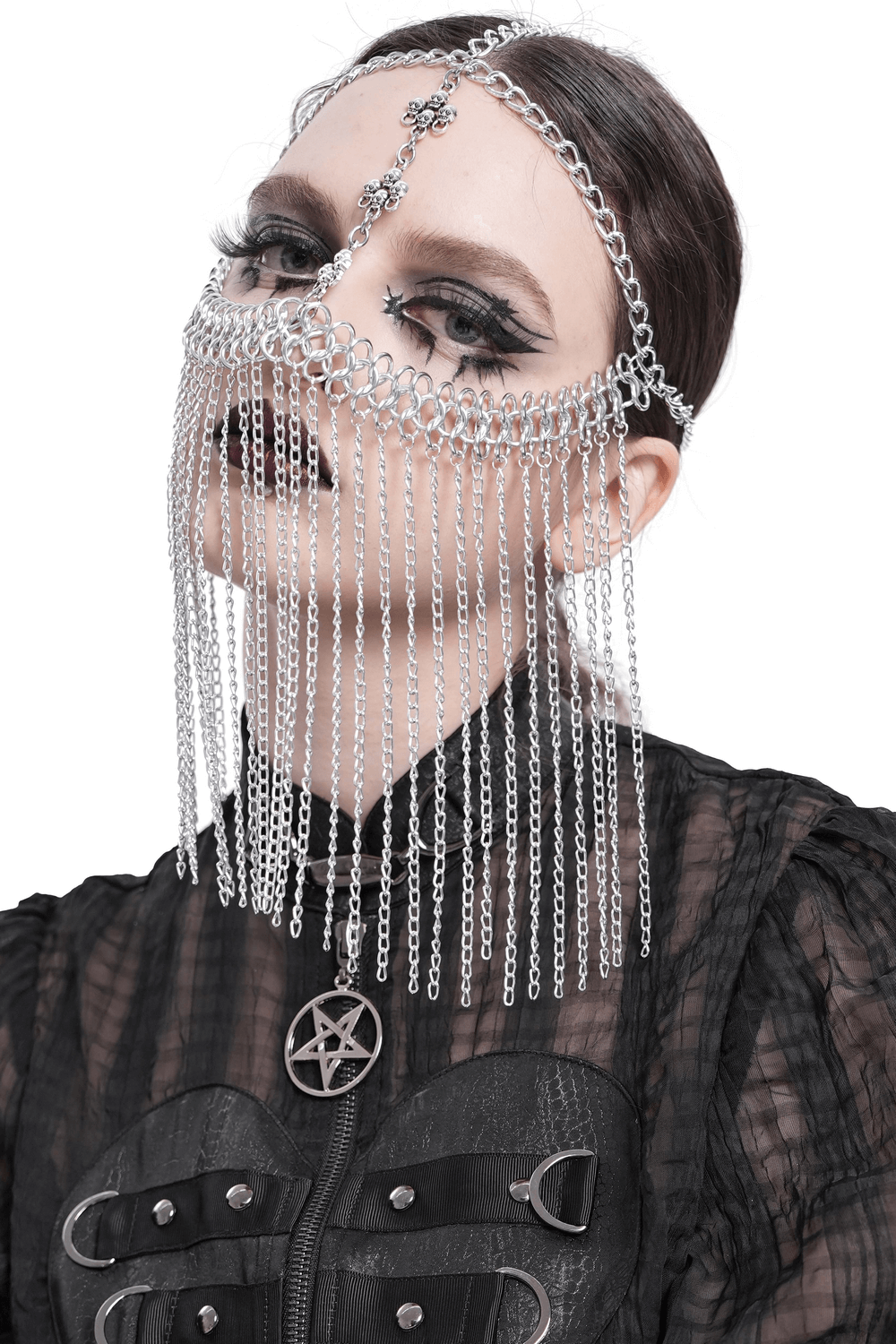 Striking silver chain headpiece with gothic cross and drape veil, perfect for punk and alternative fashion.