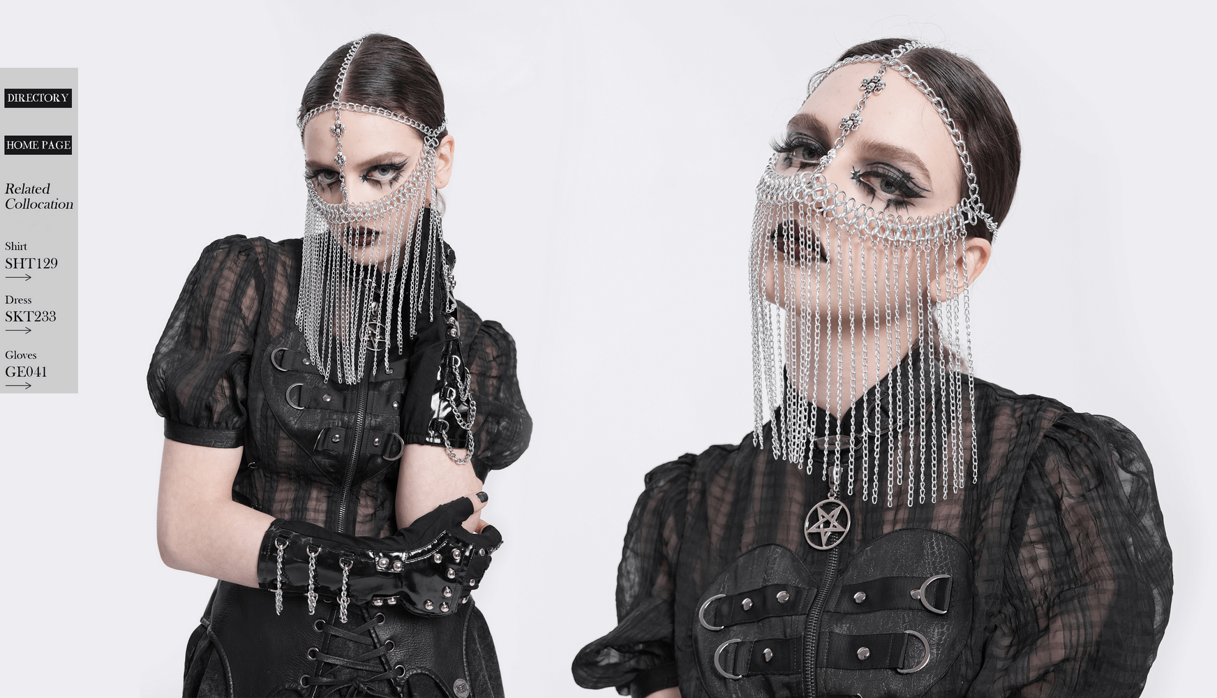 Model wearing a striking silver chain headpiece with veil and gothic accents, showcasing punk and alternative fashion.