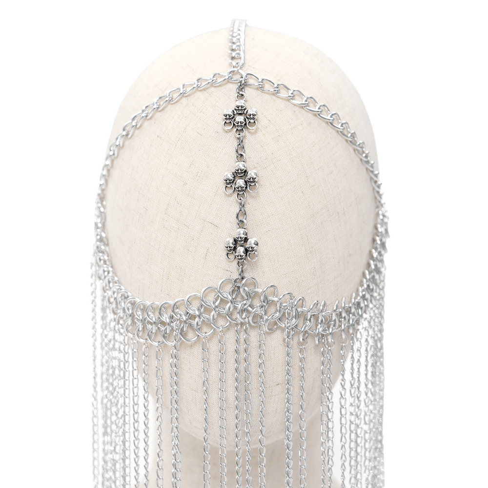 Silver chain headpiece with gothic cross accents and draped fringe veil for punk fashion.