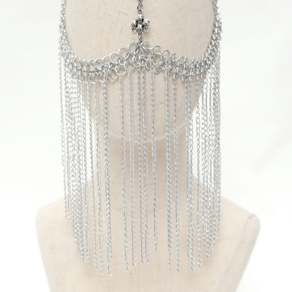 Silver chain headpiece with fringe and cross charms, perfect for gothic and punk fashion.