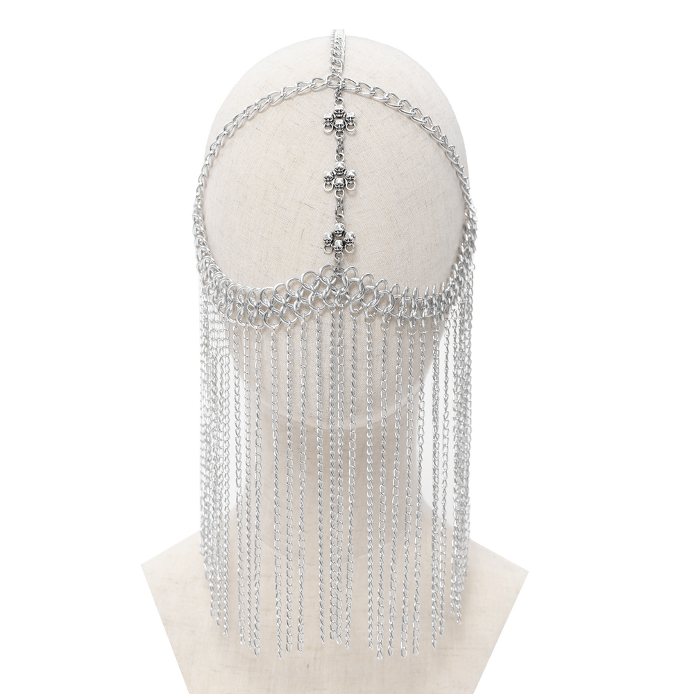 Silver chain headpiece with a gothic cross and face veil, featuring drape fringe for a bold punk look.