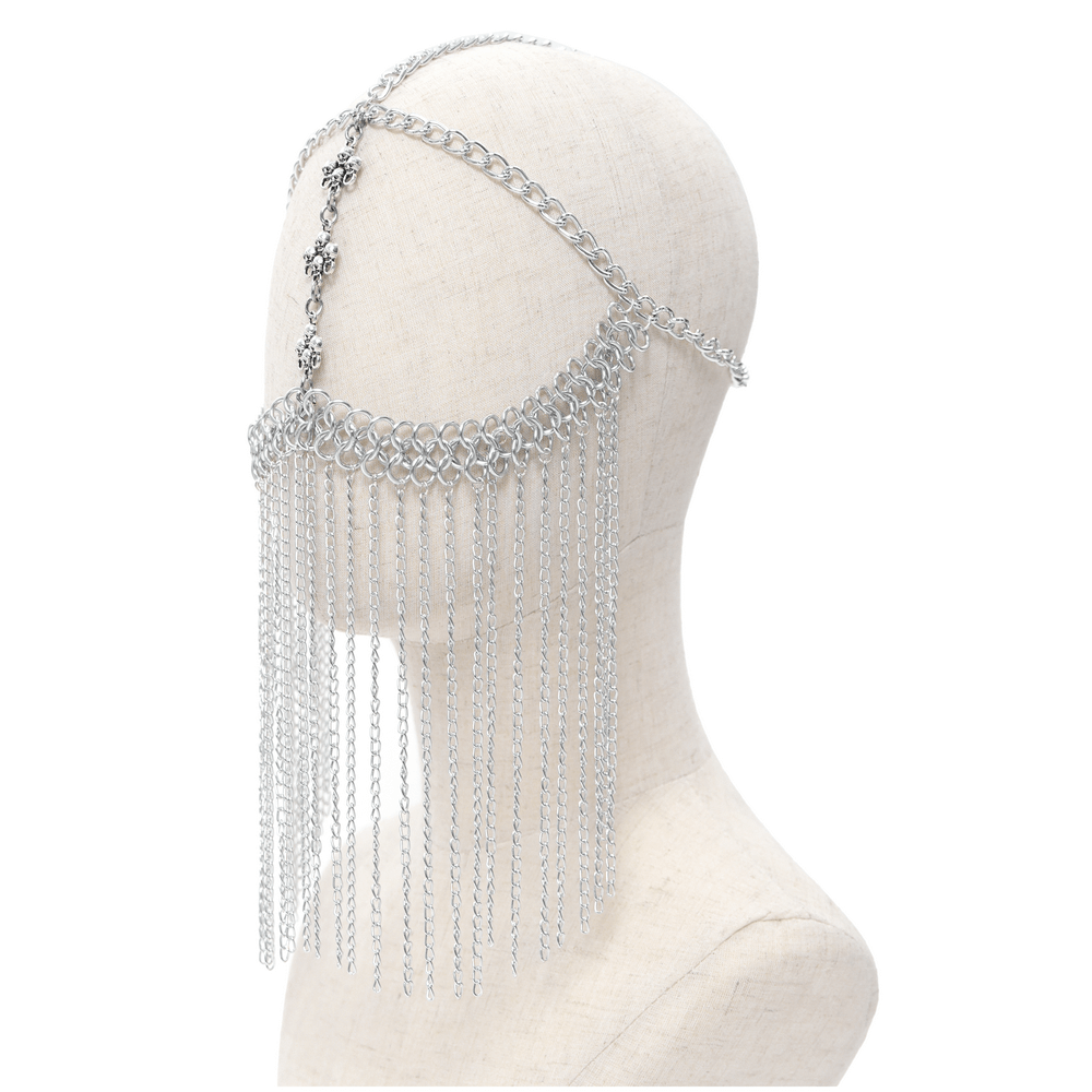 Silver chain headpiece with draped fringe and gothic cross accents for punk fashion.