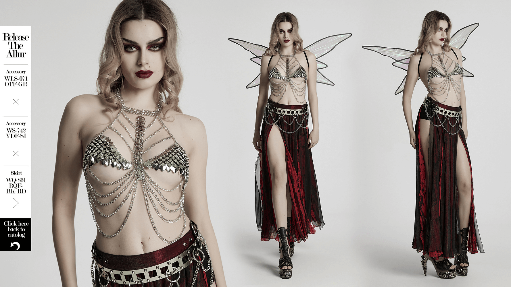 Bold silver dragon scale bra harness with layers, paired with a striking skirt, creating a fierce festival look.
