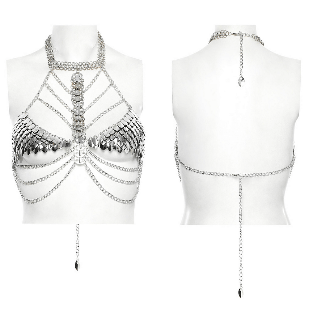 Stylish silver dragon scale chain bra harness for women with halter neck and layered metal accents.