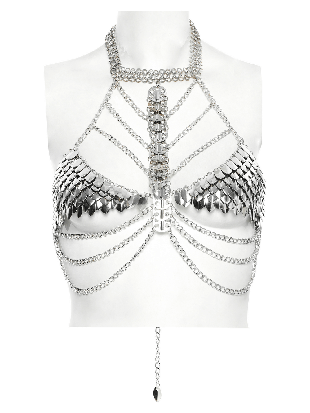 Silver dragon scale chain bra harness for women, featuring layered chains and a bold halter neck design.