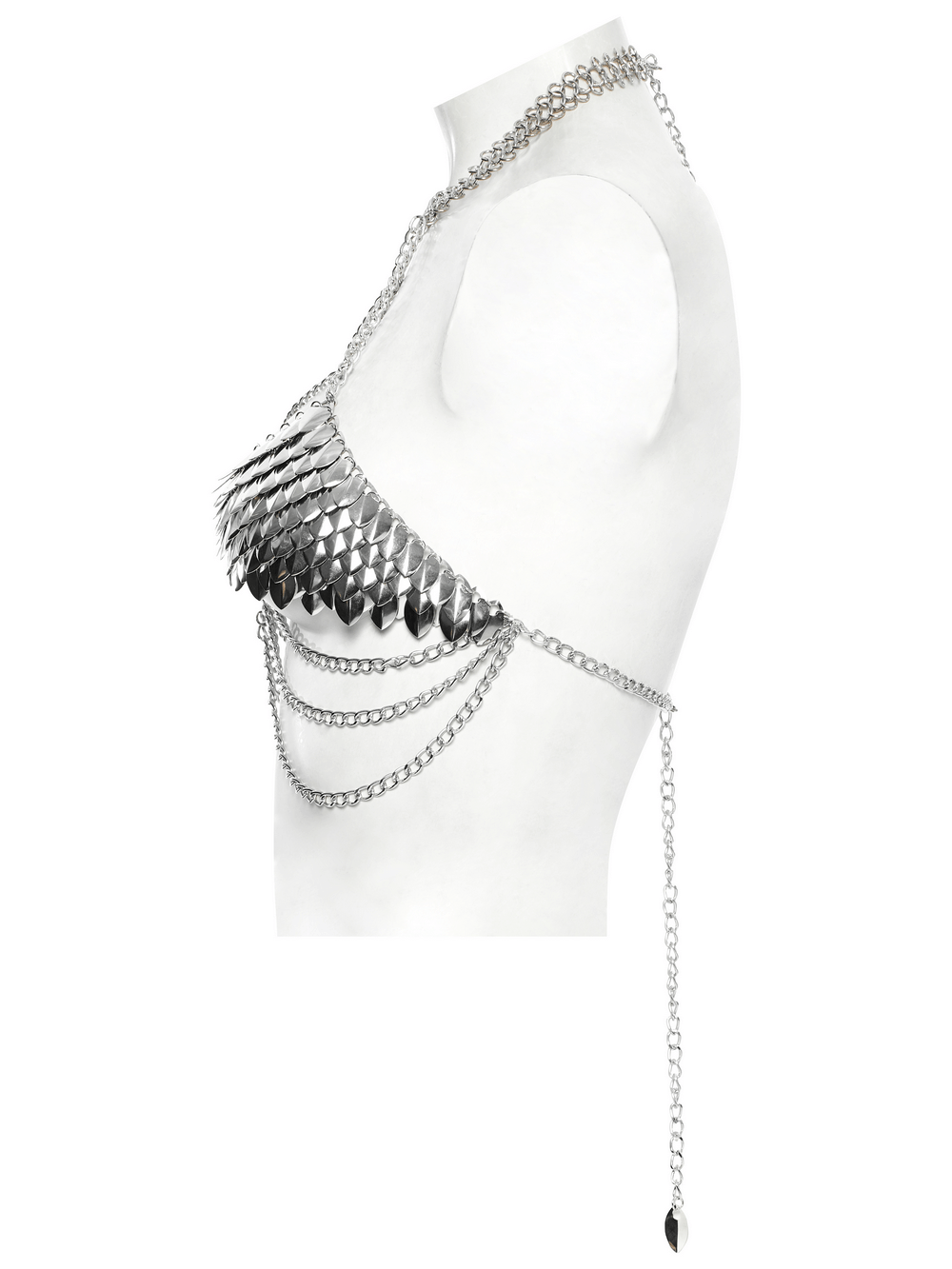 Silver dragon scale chain bra harness featuring layered metallic scales and draped chains, perfect for edgy festival fashion.