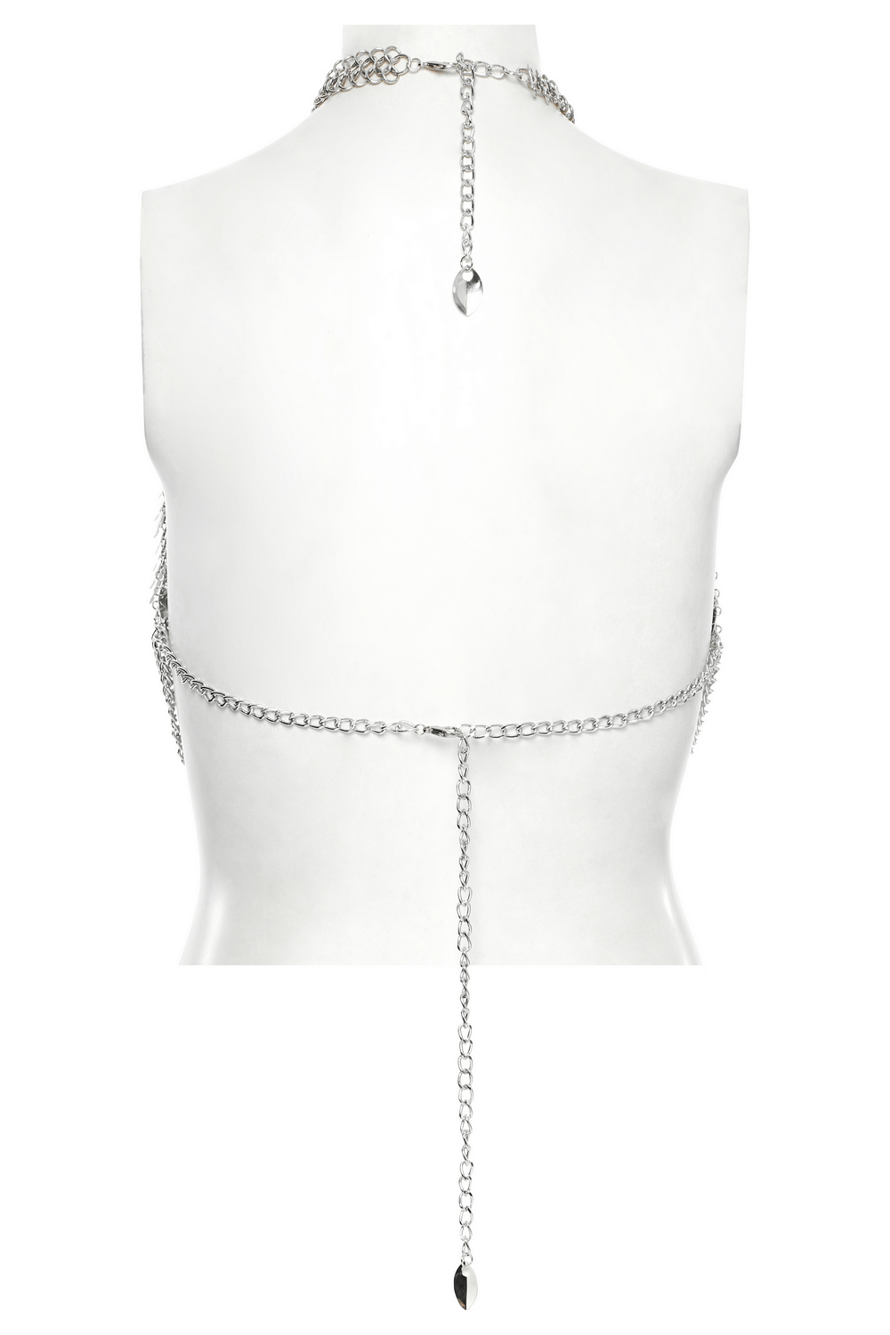 Back view of a silver dragon scale chain bra harness for women, showcasing layered chains and halter design.