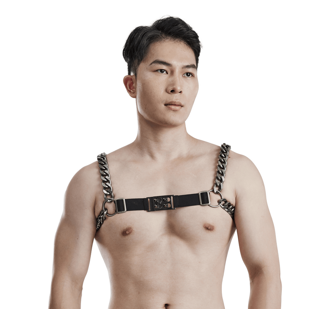 Silver-Linked Punk Chain Harness With Buckles for Men