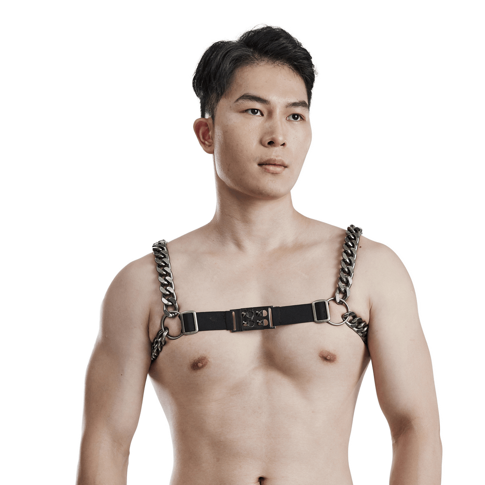 Silver-linked punk chain harness with buckles for men, showcasing a bold and edgy style.