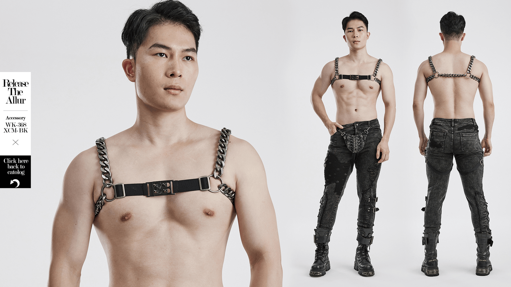 Model showcasing a Silver-Linked Punk Chain Harness with Buckles, highlighting its edgy design and adjustable fit.