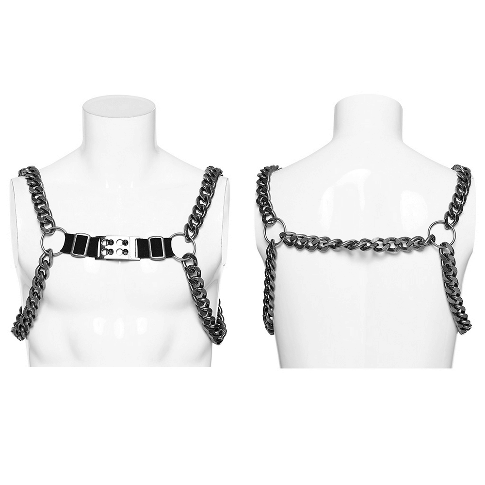 Silver-linked punk chain harness with buckles displayed on a mannequin, showcasing the bold design and adjustable fit.