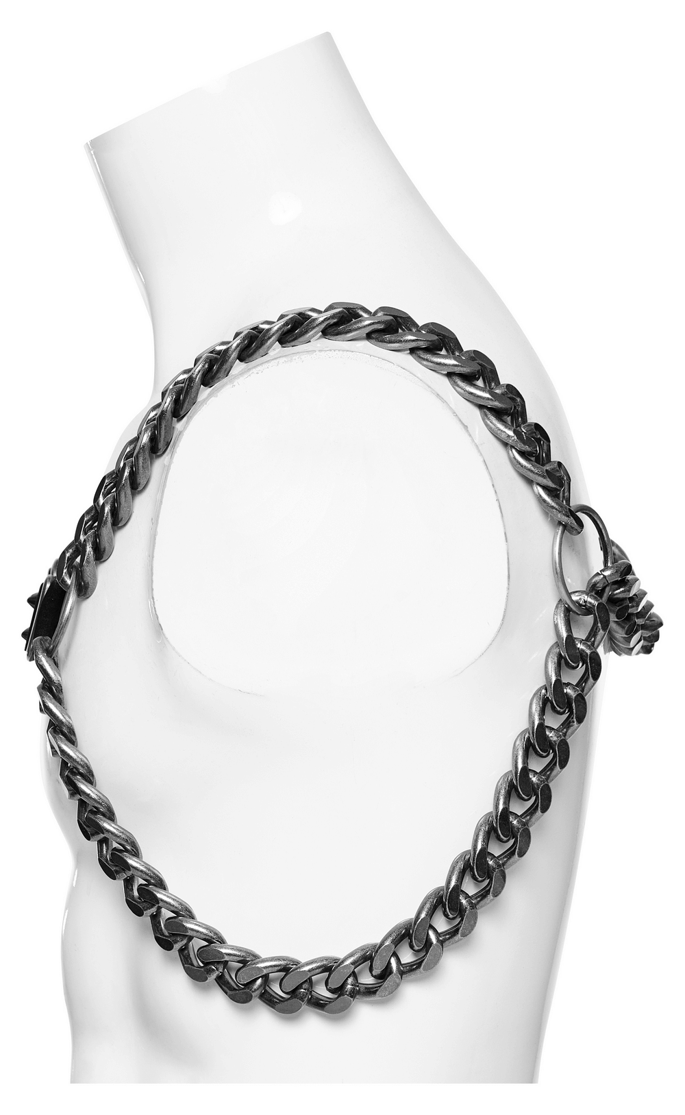 Silver-linked punk chain harness showcased on a mannequin, highlighting bold oversized links and adjustable straps.