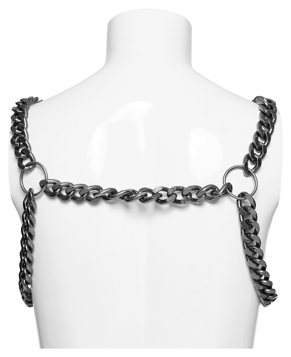 Back view of a silver-linked punk chain harness showcasing oversized links and secure buckles for a bold masculine statement.