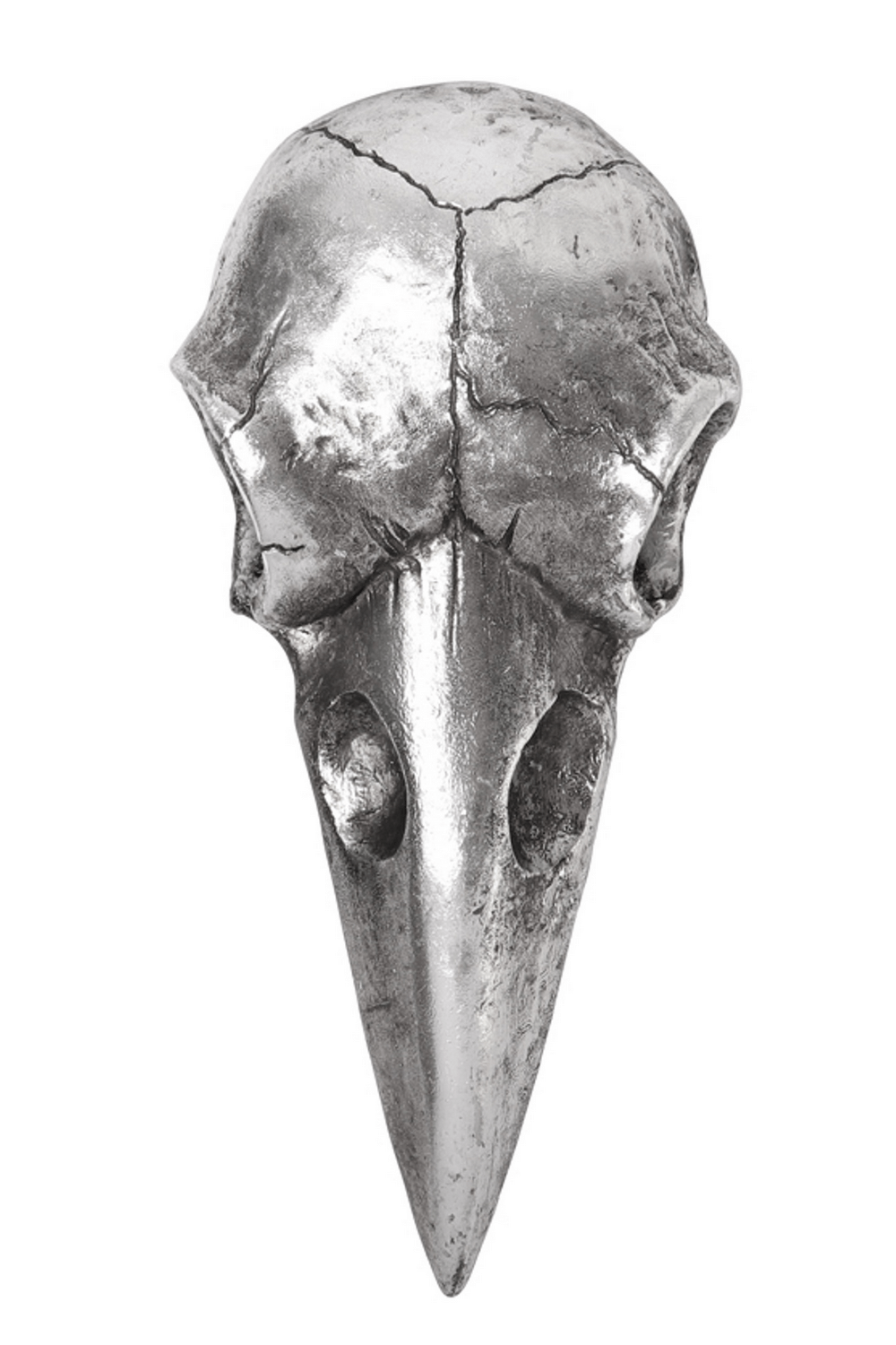 Silver raven skull design with intricate detailing, symbolizing mystery and transformation in gothic decor.