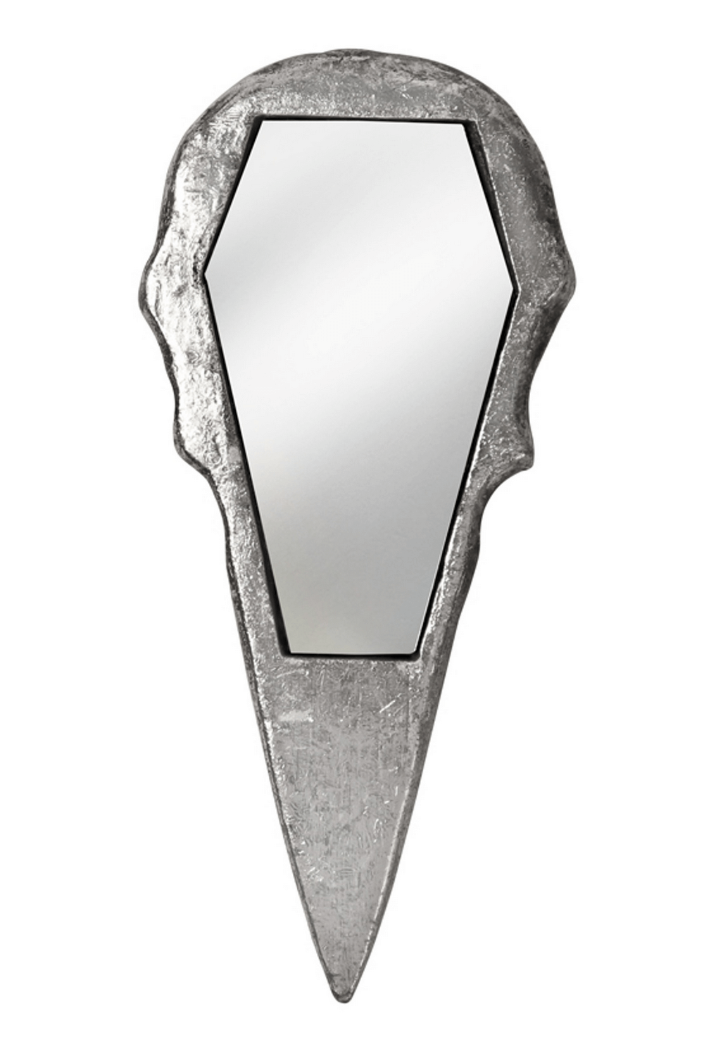 Silver raven skull mirror, gothic design evokes mystery and transformation, perfect for dark-themed spaces.