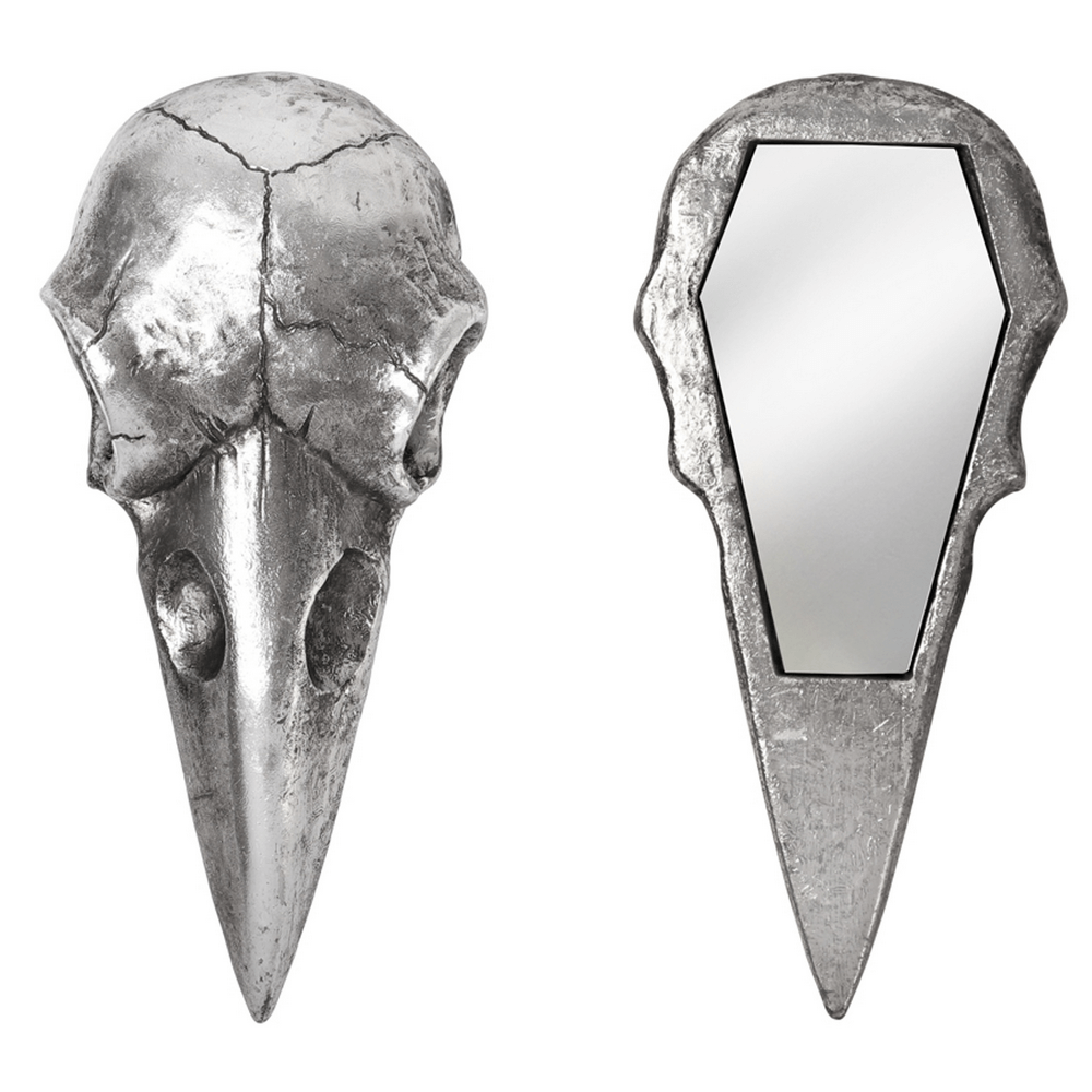 Silver raven skull mirror with reflective surface, perfect gothic decor for dark-themed spaces.