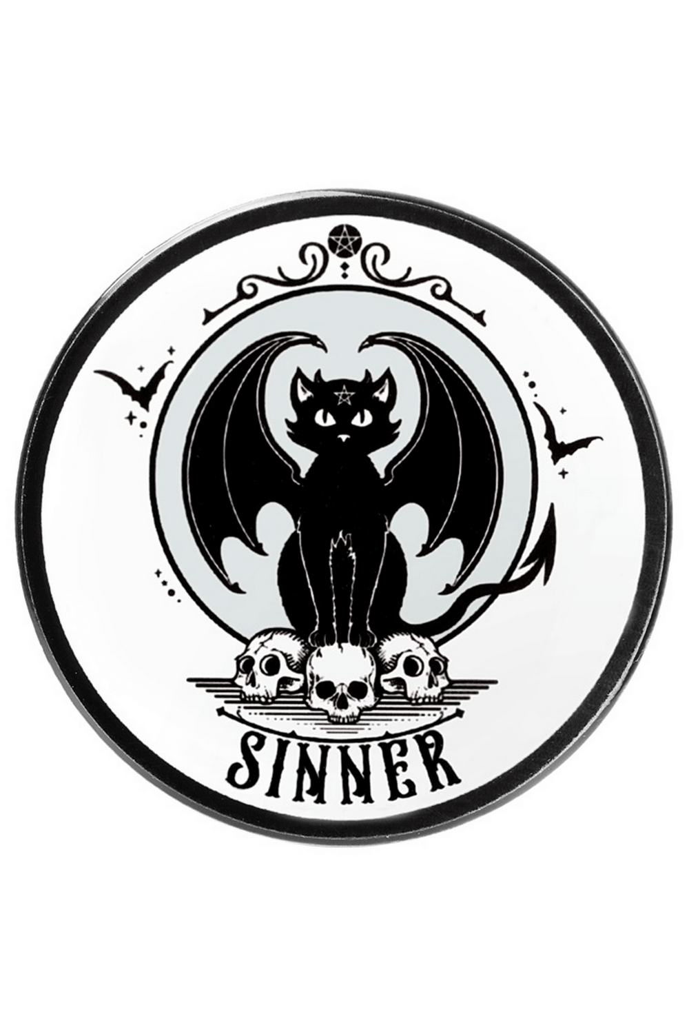 Gothic Sinner Coaster featuring a black cat with bat wings, skulls, and pentagram design by Alchemy.