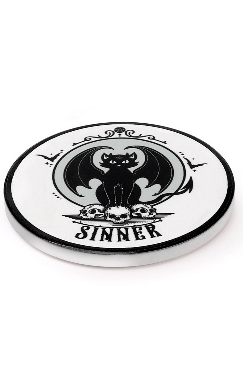 Gothic Sinner Coaster featuring black cat with bat wings and skulls, perfect for dark home decor.