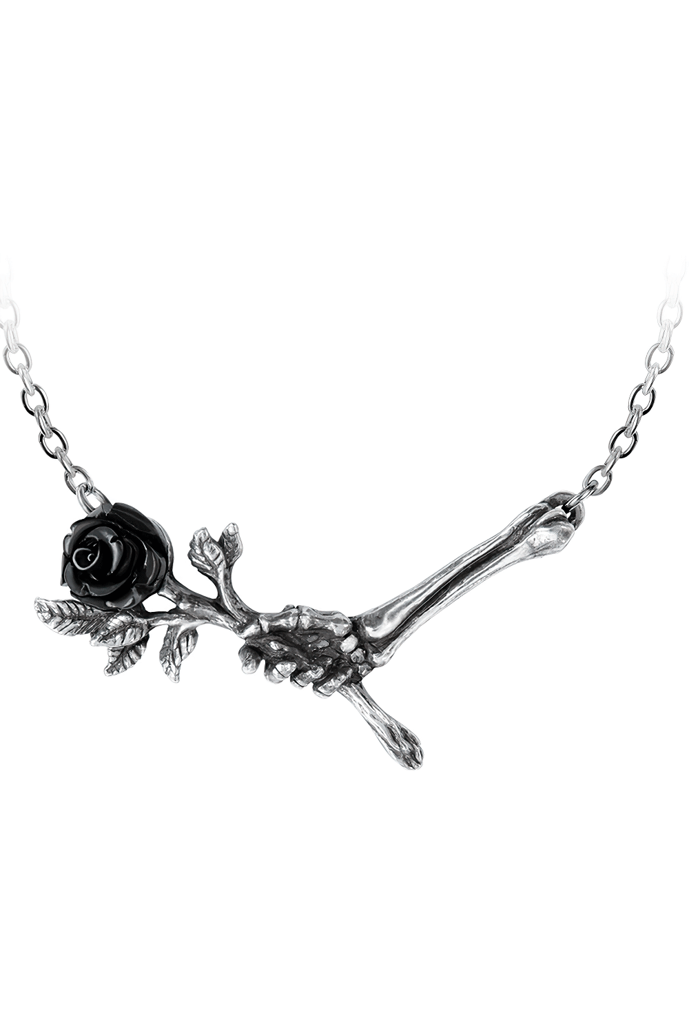 Gothic skeletal hand necklace holding a black rose, featuring intricate pewter detailing and a 20" chain.