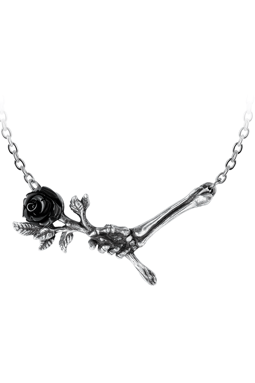 Collier Pendentif Main Squelettique et Rose Noire