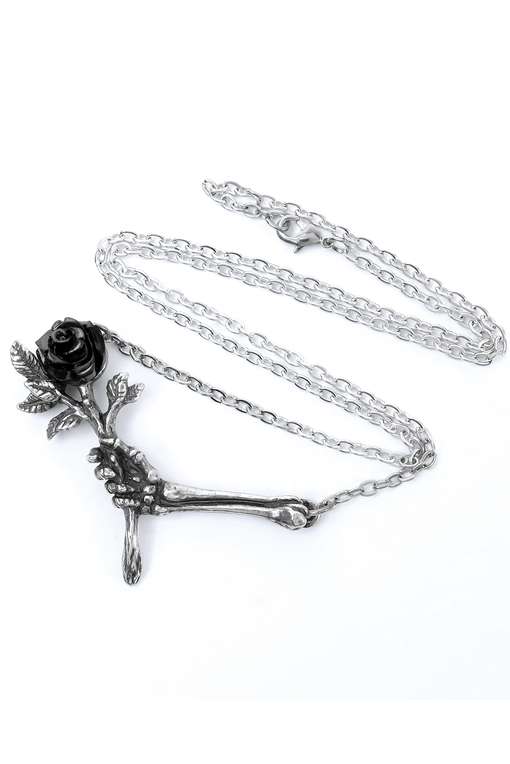 Skeletal hand pendant necklace with black rose, featuring gothic details and a silver chain for dark elegance.