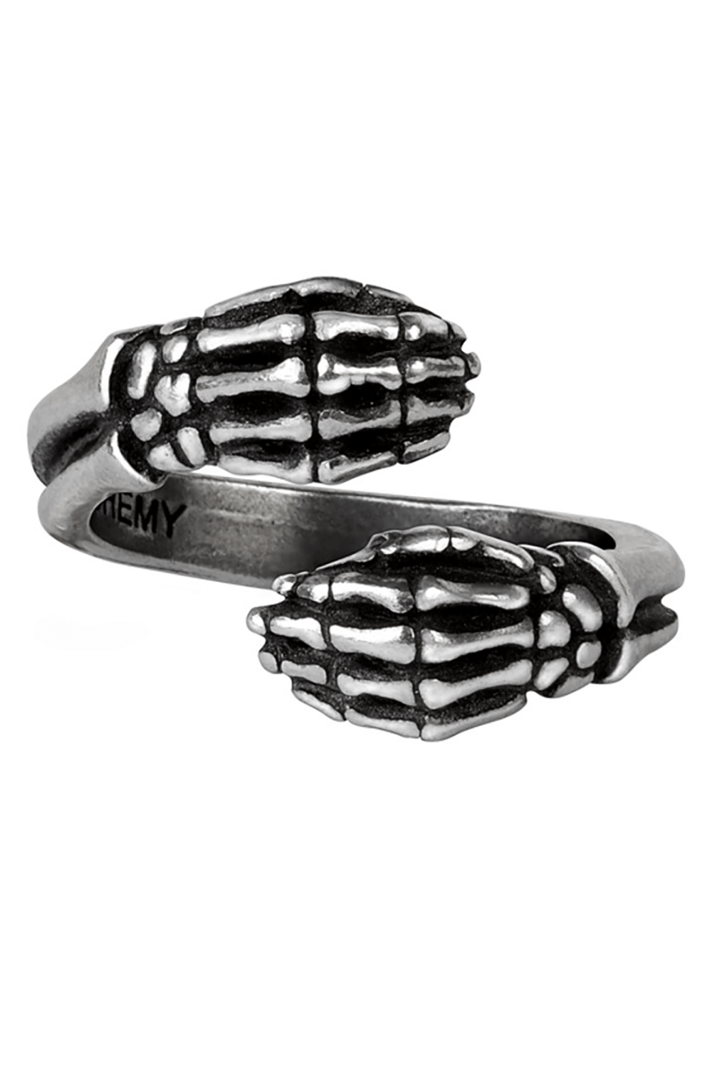 Skeletal Hands Last Embrace Ring in pewter with hug design, symbolizing love and connection, gothic style.