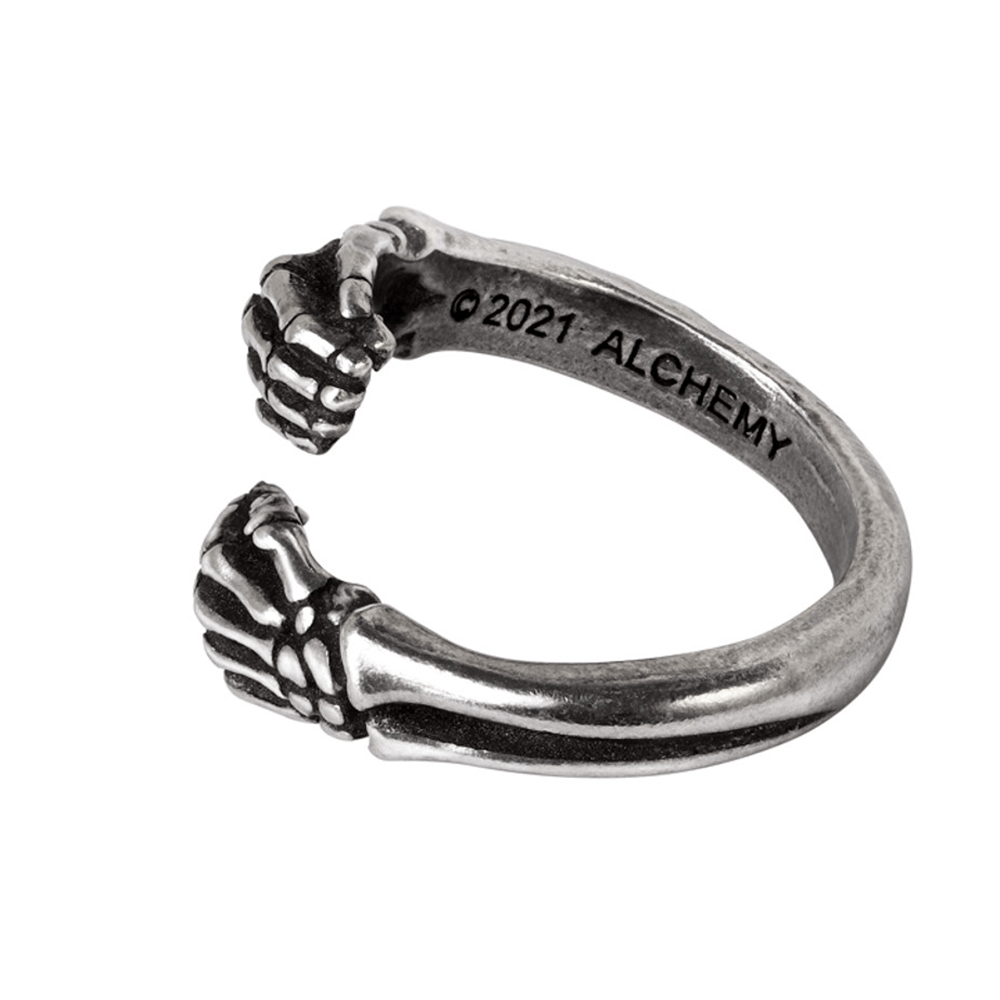 Skeletal Hands Last Embrace Ring in pewter, featuring intricate hug design for a gothic touch.