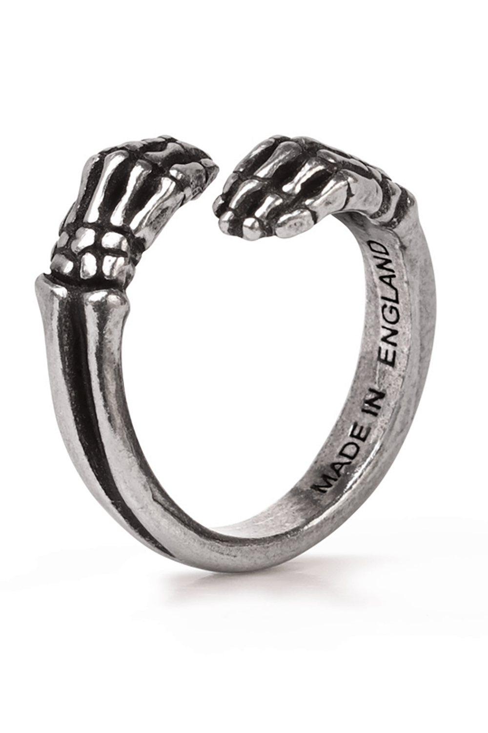 Gothic Last Embrace Ring in pewter featuring skeletal hands forming a hug design, symbolizing love and connection.
