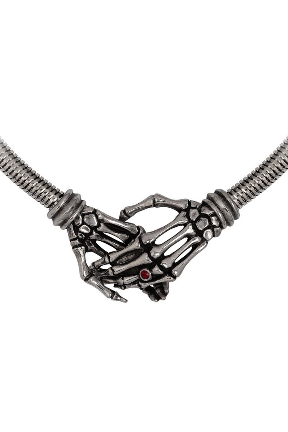 Gothic pewter skeletal hands necklace with red crystal, perfect for dark elegance and stylish outfits.