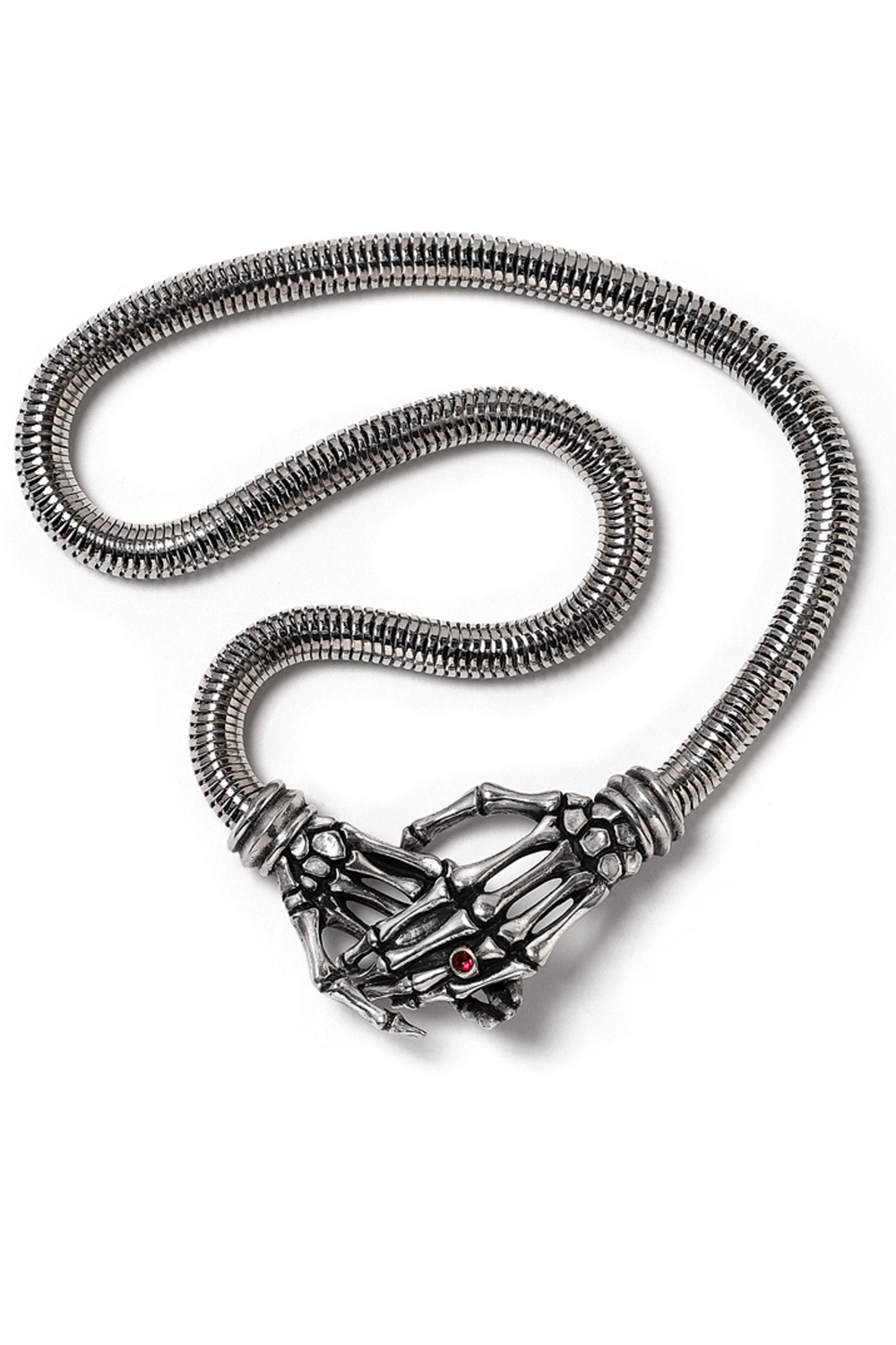 Skeletal hands necklace in polished pewter with a red crystal, perfect gothic jewelry for a dark elegance look.