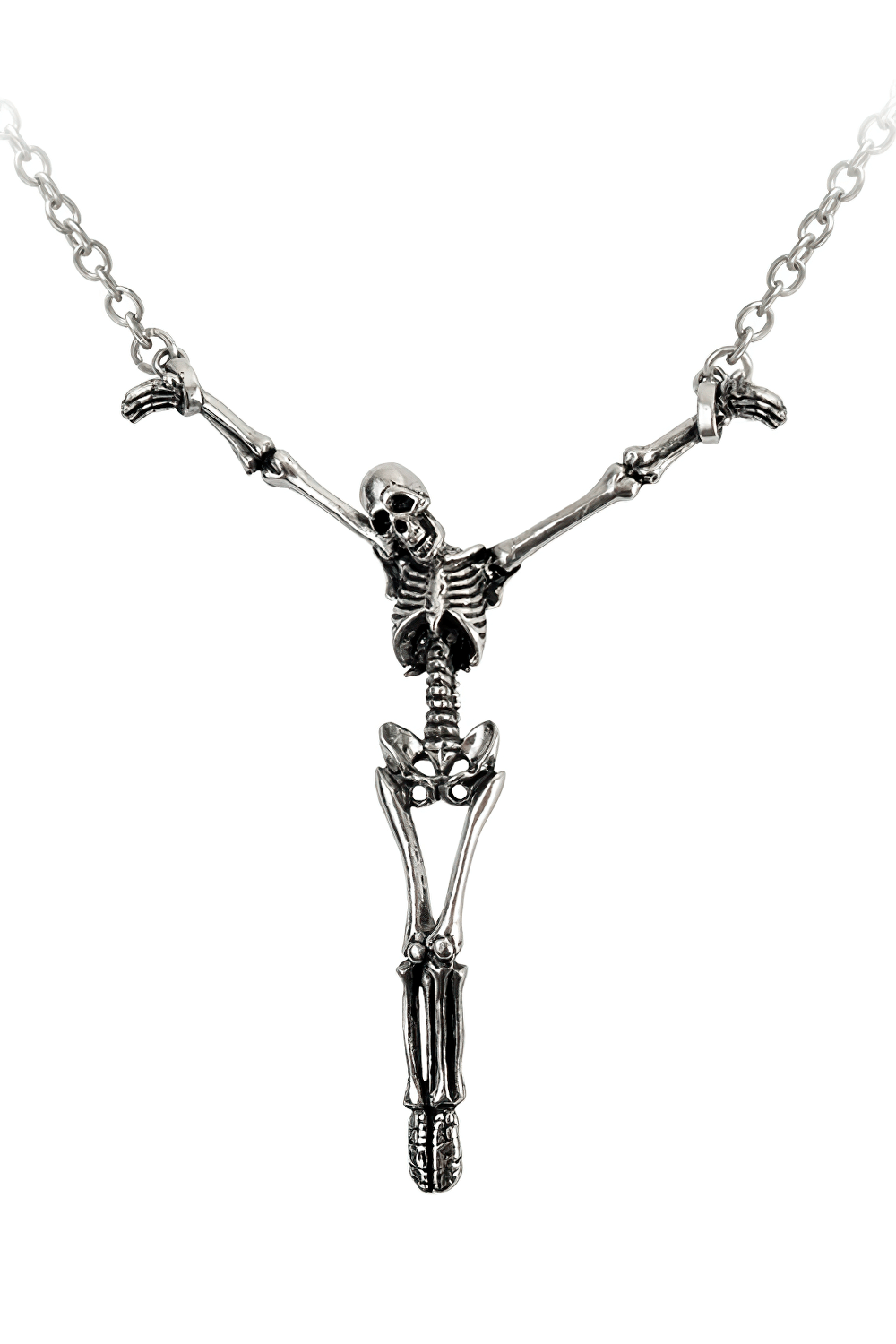 Skeleton cross pendant necklace with pewter chain, featuring intricate skull and skeleton design for a gothic look.