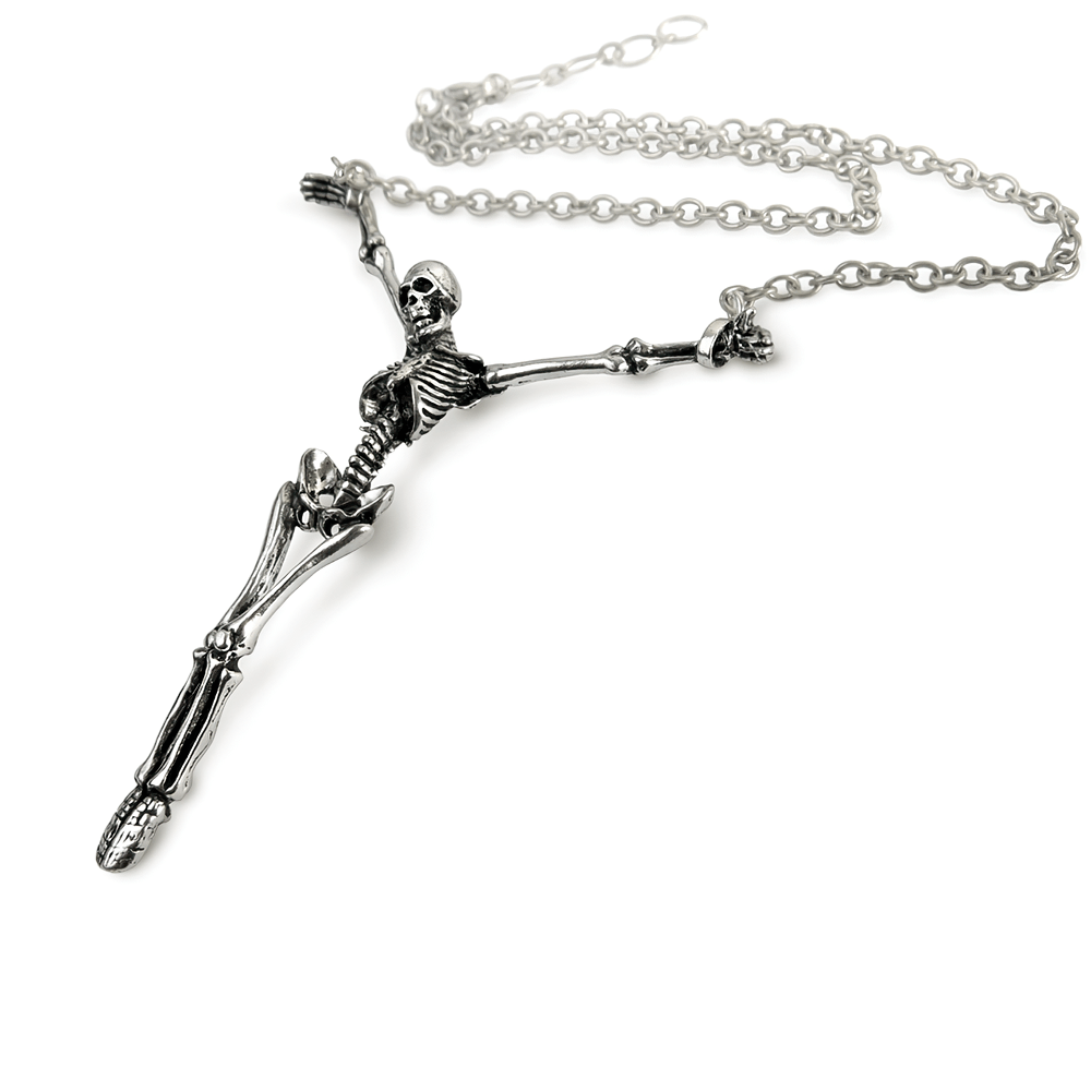 Skeleton cross pendant necklace with pewter chain, featuring a detailed skeleton design for gothic style.