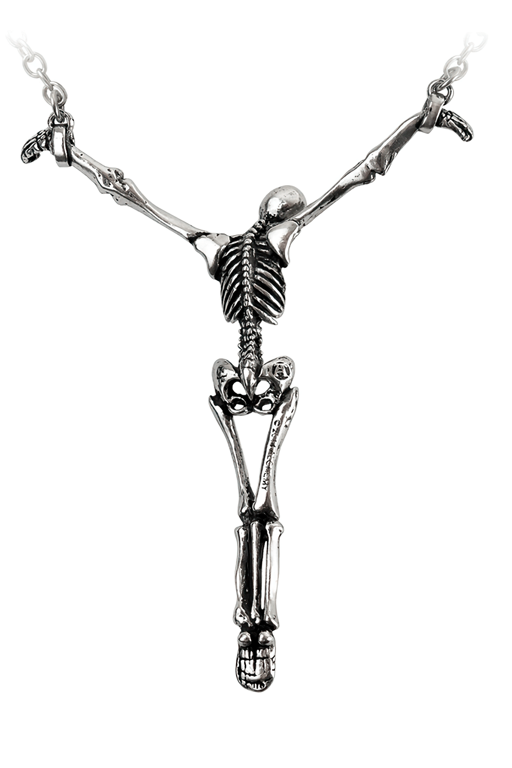 Skeleton cross pendant with detailed pewter chain, embodying gothic allure for unique style.