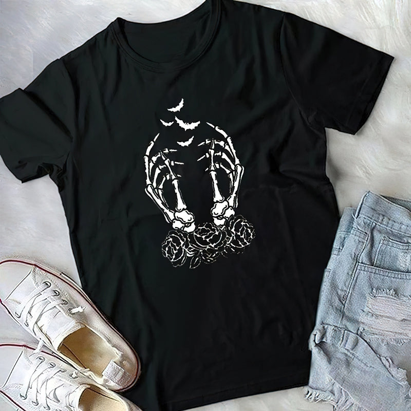 Gothic black t-shirt with skeleton fingers and roses design, perfect for punk style fashion.