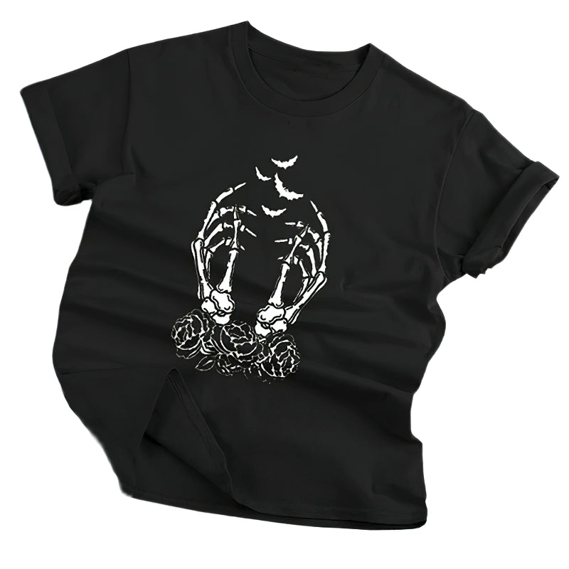 Women's black gothic t-shirt featuring skeleton hands and roses design for punk style enthusiasts.