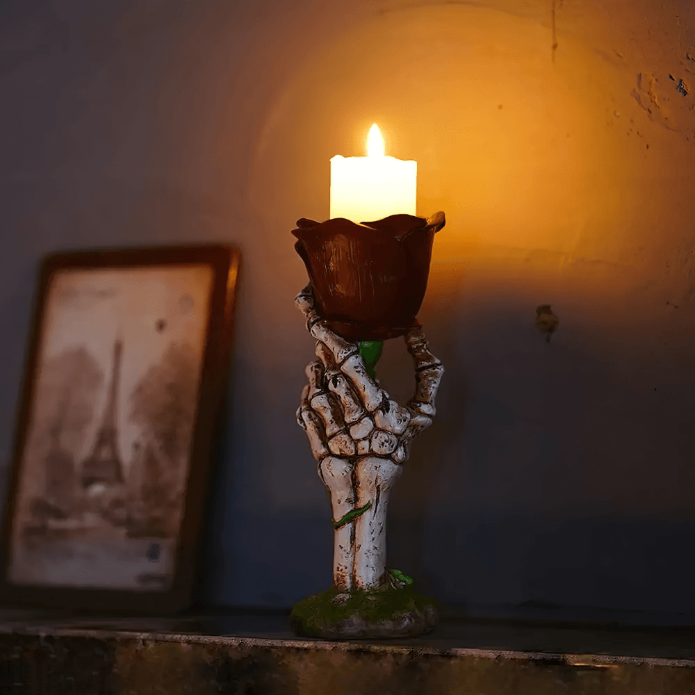 Portavelas de Mano Esqueleto con Rosa para Decoración Gótica