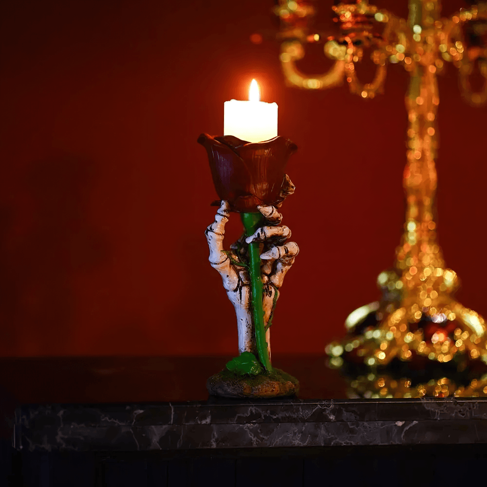Portavelas de Mano Esqueleto con Rosa para Decoración Gótica
