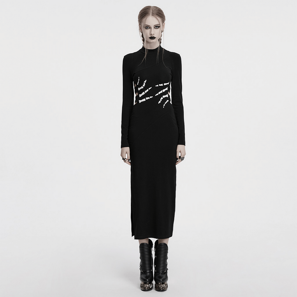 Skeleton print black dress with ghost claw design and high slit, perfect for bold fashionistas.