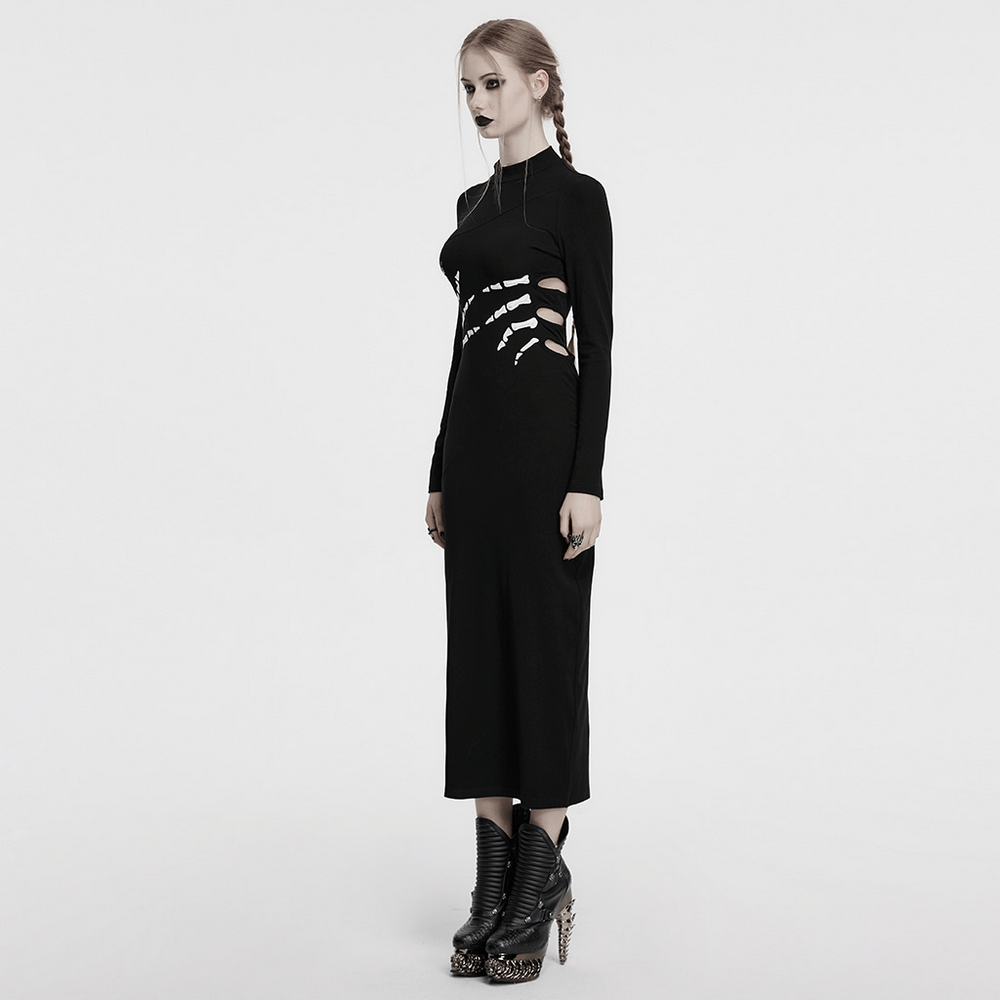 Skeleton print black dress with ghost claw design and high slit, showcasing a bold and edgy style.
