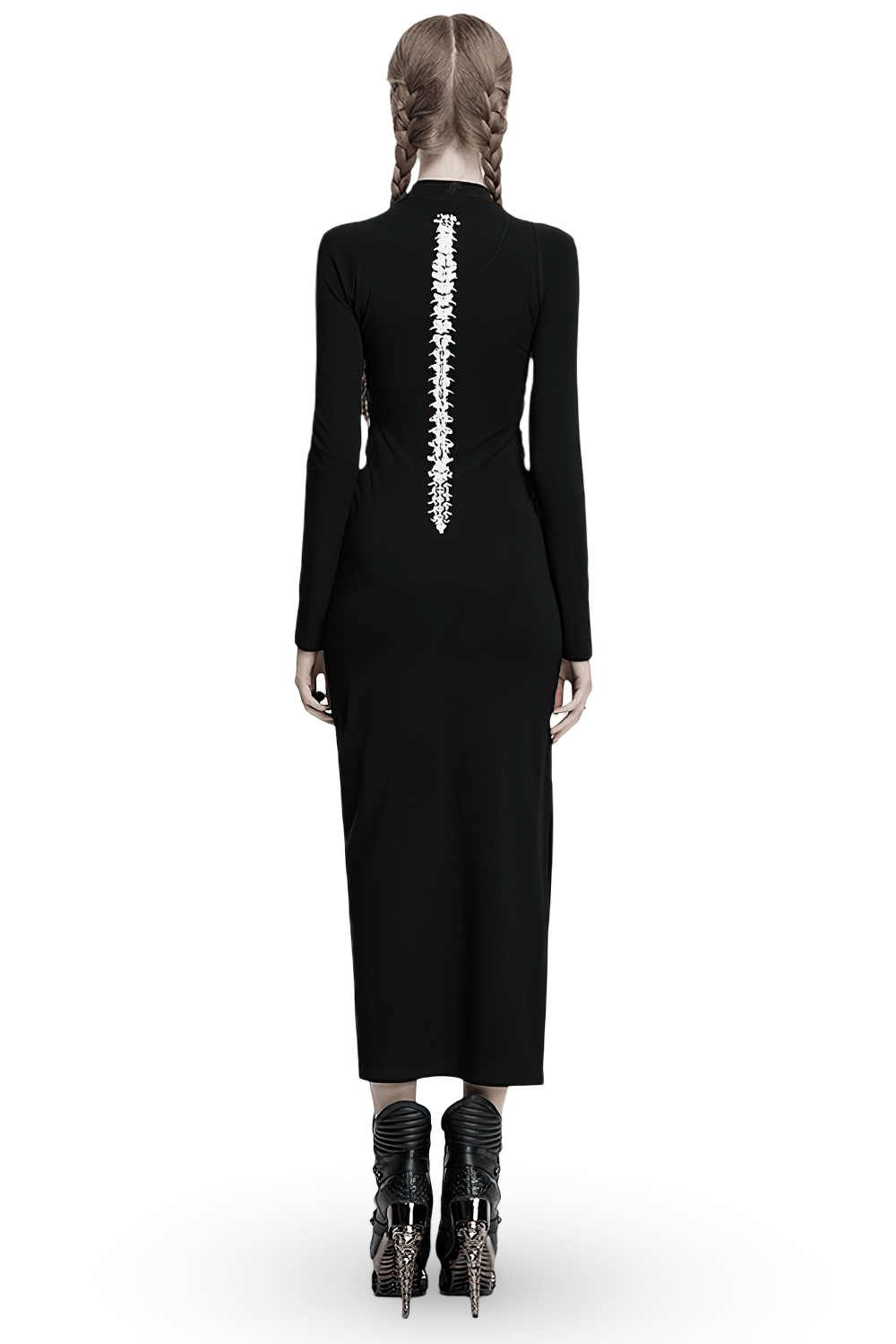 Back view of a skeleton print black dress featuring a spine design and a slim fit, perfect for bold fashion statements.