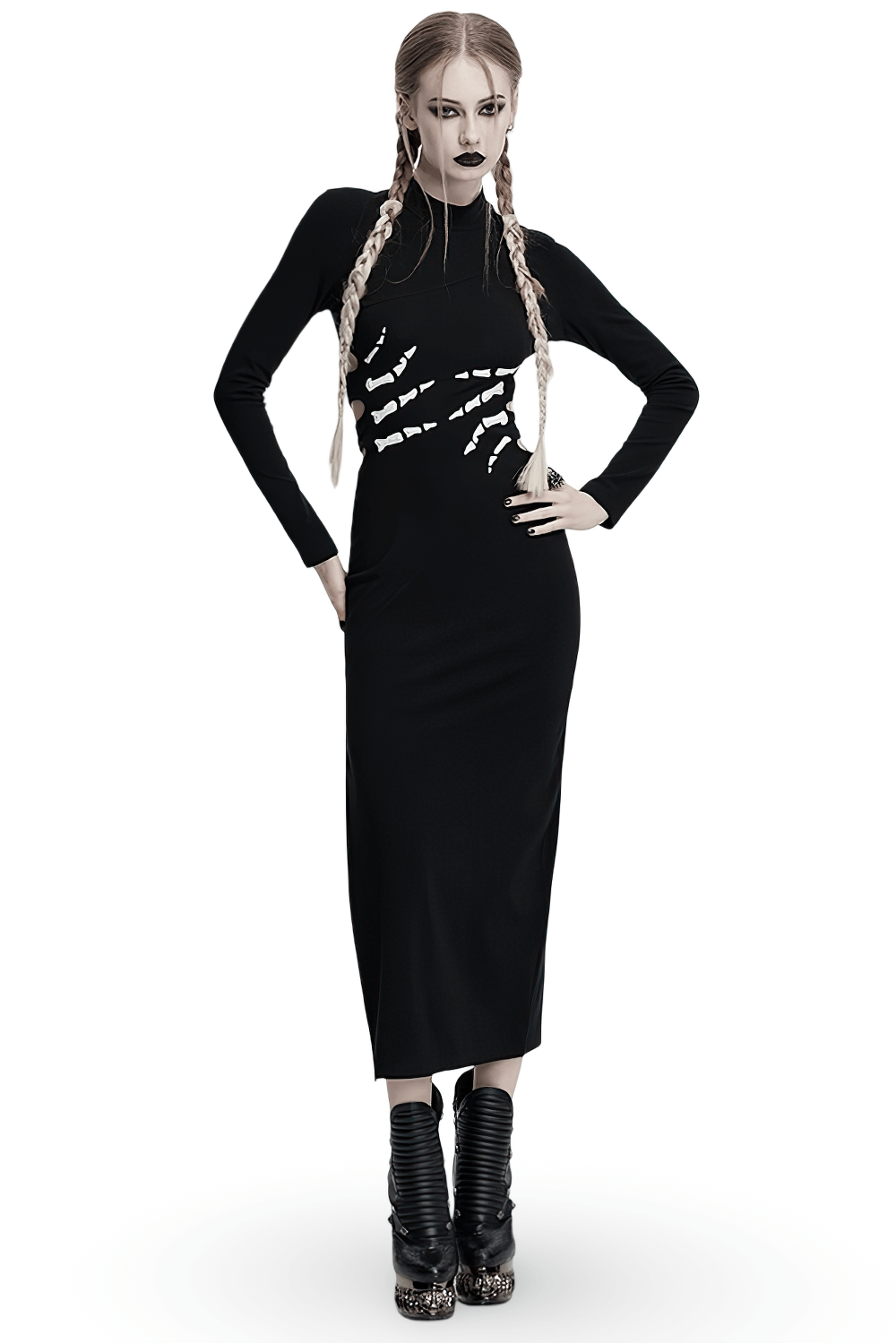 Skeleton print black dress with ghost claw design and high slit, model with edgy hairstyle and makeup.