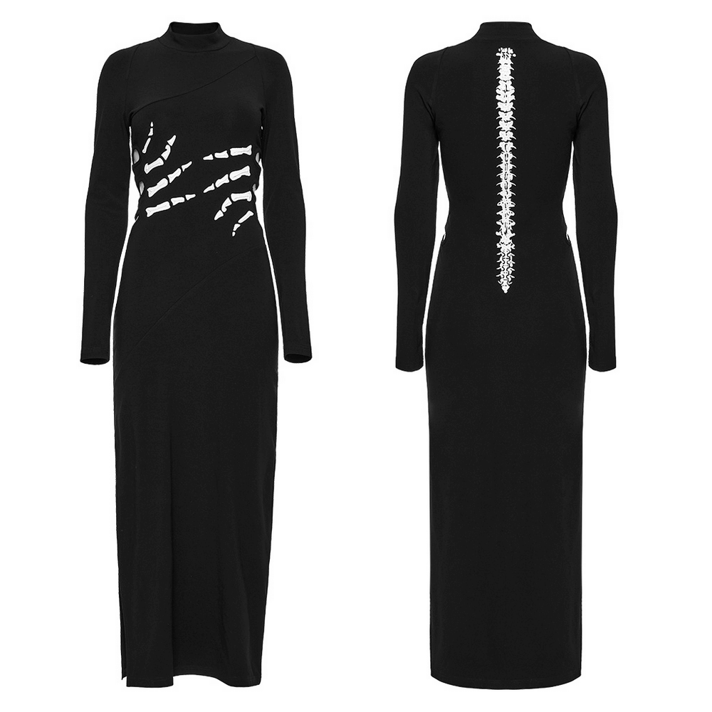Skeleton print black dress with ghost claw and spine design, featuring a high slit and stand-up collar.