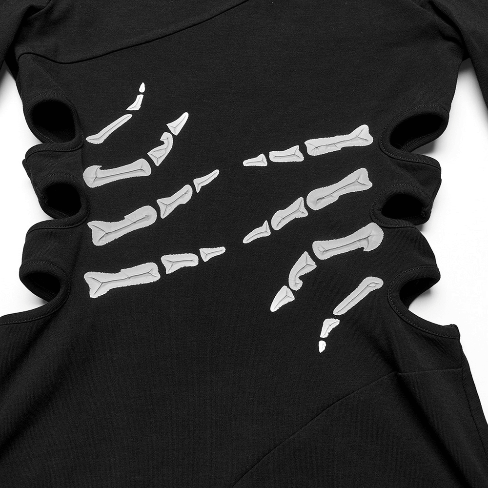 Skeleton print detail on a black dress featuring ghost claw design and hollowed waist cutouts.